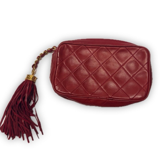 Chanel Lambskin Quilted 24 KGP Tassel Red cosmetic bag vintage - Picture 1 of 11